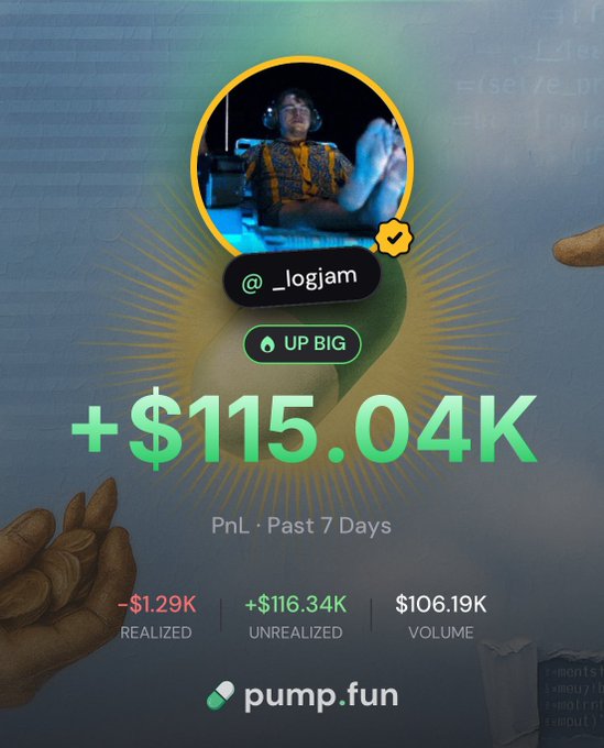 The image is a pump.fun profile card for user "@_logjam" showing impressive PnL gains of "+$115.04K" over the past 7 days, including $116.34K unrealized gains with $106.19K in trading volume. The caption "follow me up pump bros" ties into the image by suggesting followers track this user's successful trading performance, as evidenced by their substantial weekly profits displayed prominently on the card.