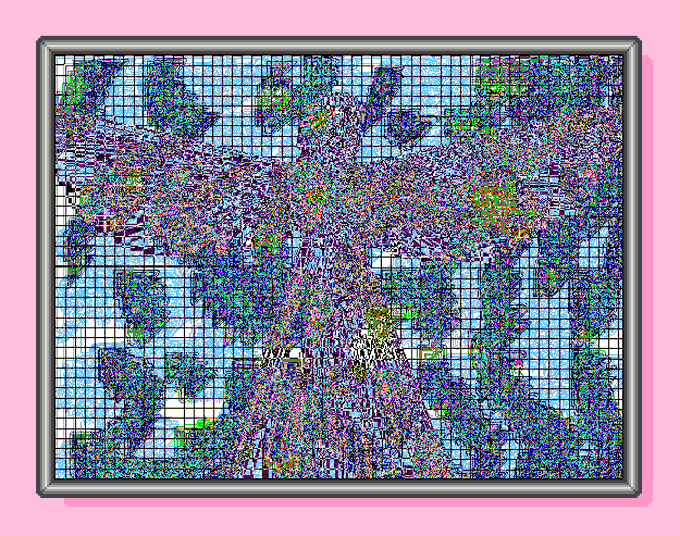 A digital image displays a chaotic, pixelated, and highly colorful pattern resembling a corrupted file or abstract mosaic, framed in silver against a solid pink background.