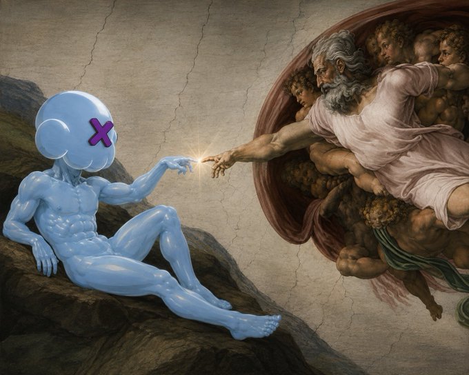 This image is a digital parody of Michelangelo's *The Creation of Adam*, replacing Adam with a light blue, balloon-like figure featuring a purple "X" over its eyes. It serves as a meme for the "SkulRz Content Competition," visually representing the creative "cooking" requested in the post.