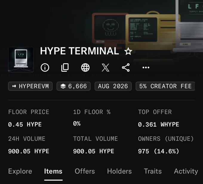 A digital asset page for HYPE TERMINAL showing a floor price of 0.45 HYPE, 24H volume of 900.05 HYPE, and 975 unique owners.