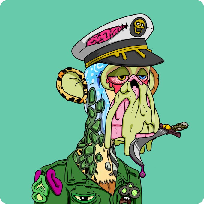 A colorful cartoon illustration of a grotesque character with exposed brain, bulging eyes, and a captain's hat stands against a teal background.