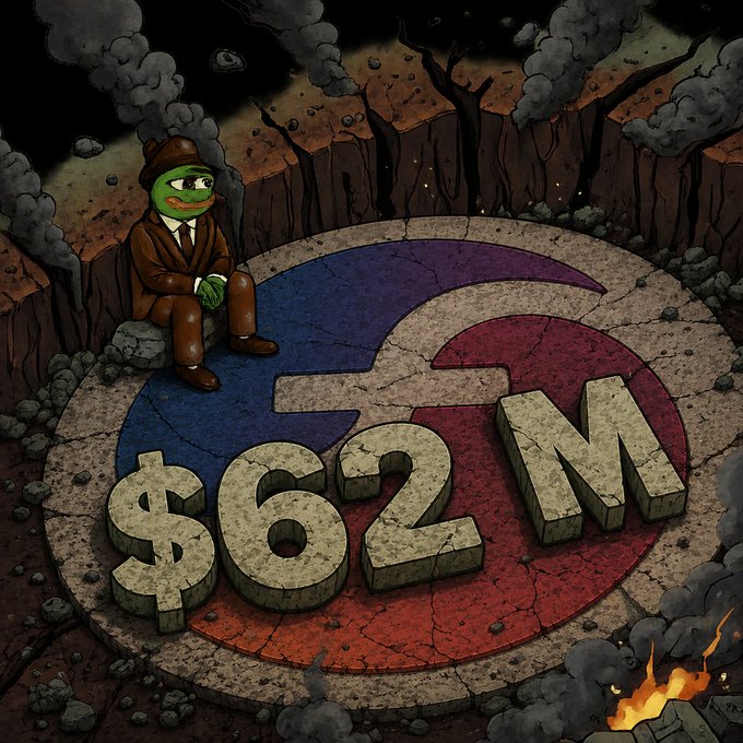 A Pepe the Frog character in a suit sits on cracked ground above '$62M' text.