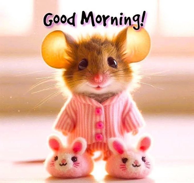 An adorable mouse wearing a pink striped onesie and bunny slippers smiles at the viewer, with the text 'Good Morning!' displayed above.