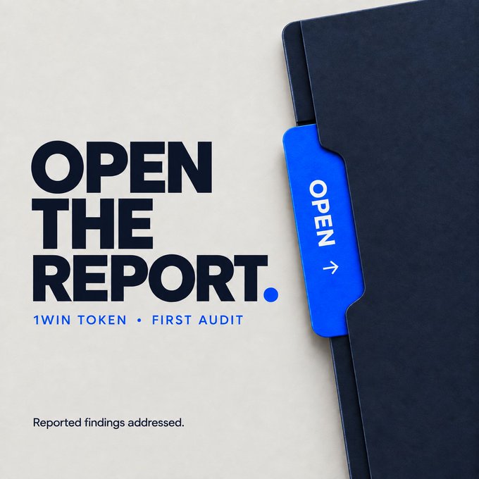 Minimalist promotional graphic with bold text 'OPEN THE REPORT.' and '1WIN TOKEN • FIRST AUDIT' displayed next to a black folder with a blue tab labeled 'OPEN'.