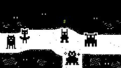 A retro black and white pixel art video game scene featuring a horizontal platform with several characters including figures resembling ghost-like creatures and robots in a side-scrolling landscape.
