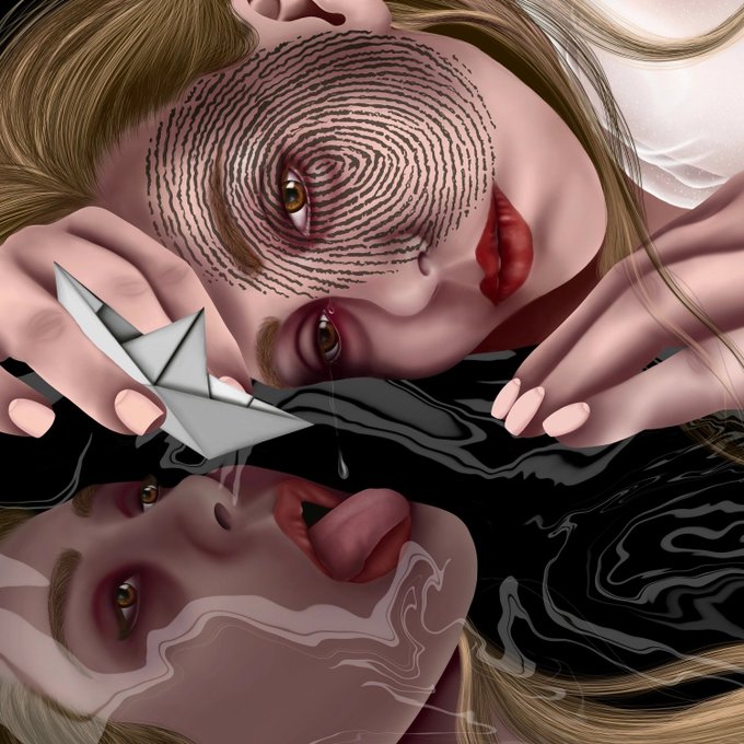 A surreal digital artwork showing a stylized female face with a fingerprint pattern over one eye, mirrored below in liquid, holding an origami crane.