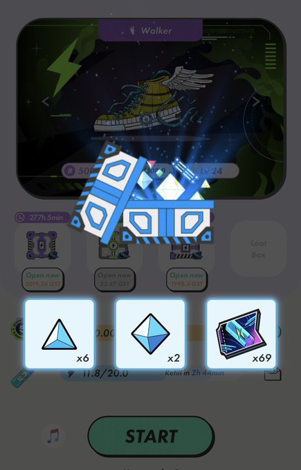 A mobile game screen showing a loot box opening, with blue glow effects, and rewards of blue triangles (x6), blue octahedrons (x2), and blue cards (x69) displayed above a 'START' button.