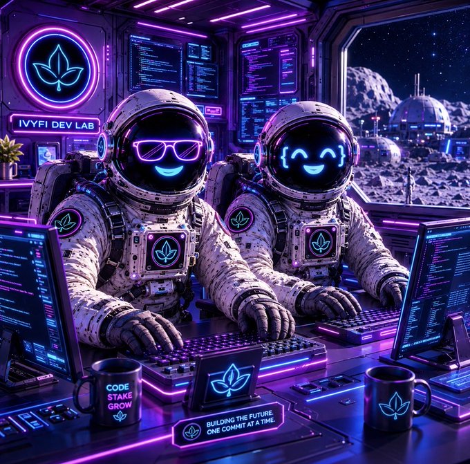 A neon-lit digital illustration of two astronauts with smiley face visors working at computer terminals in a space lab, featuring the logo 'IVYFI DEV LAB' and text including 'CODE STAKE GROW' and 'BUILDING THE FUTURE ONE COMMIT AT A TIME.'