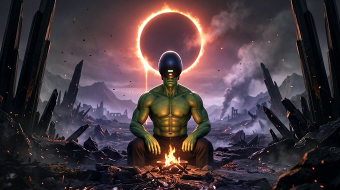 A muscular green-skinned figure with a black helmet sits cross-legged in front of a campfire amid a ruined, apocalyptic landscape, with a glowing solar eclipse dominating the sky behind them.
