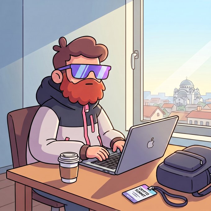 A cartoon illustration of a bearded man wearing sunglasses and a hoodie working on a laptop at a desk with a coffee cup and 'CRYPT0 SUMMIT' badge.
