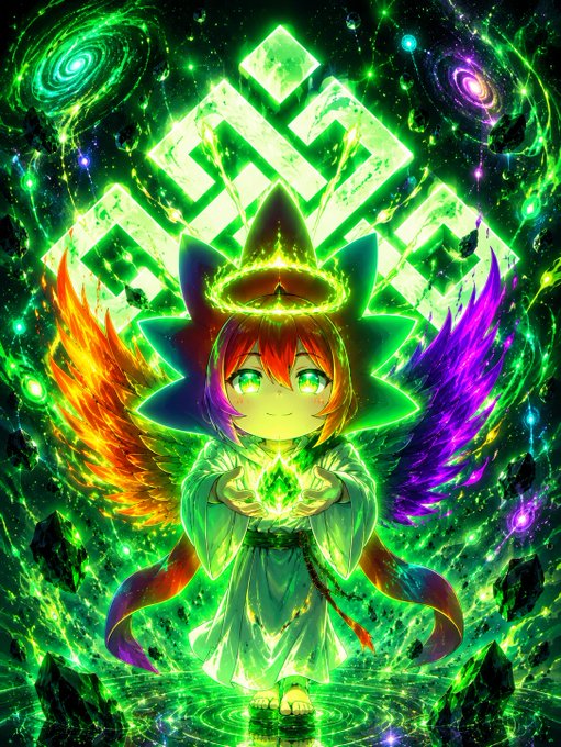 A vibrant digital illustration of an anime-style angelic character with rainbow hair, a glowing halo, and fiery wings, holding a glowing green crystal with a large green endless knot symbol behind them.
