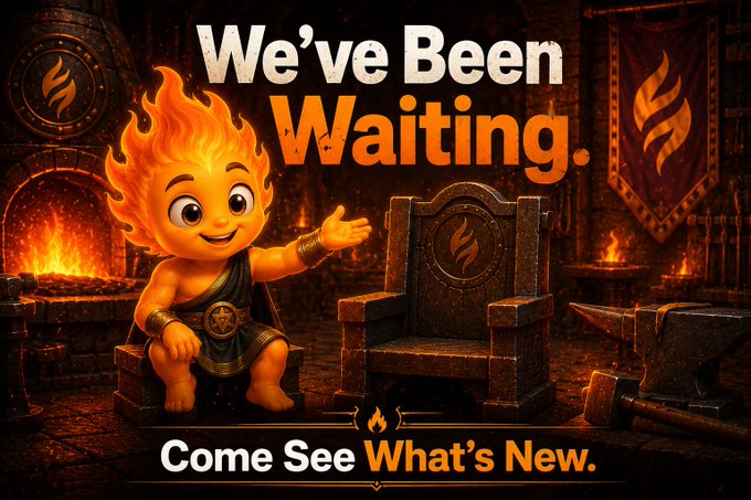 A promotional graphic featuring a cartoon flame-headed character pointing at an empty stone throne, with the text 'We've Been Waiting. Come See What's New.'