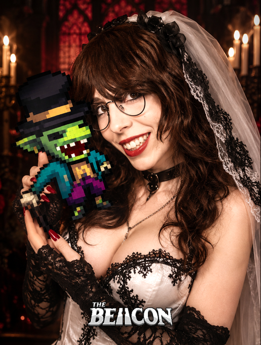 The image features a woman wearing a wedding dress, holding a small green-skinned troll toy with a black top hat. The troll appears to be dressed as a man, complete with a tie and glasses. The woman is smiling at the camera while posing for the photo. The background of the image includes a Gothic cathedral or church, adding an interesting visual element to the scene. The post also mentions that there are prizes for the best raiders in the game "@The_Beacon_GG".
