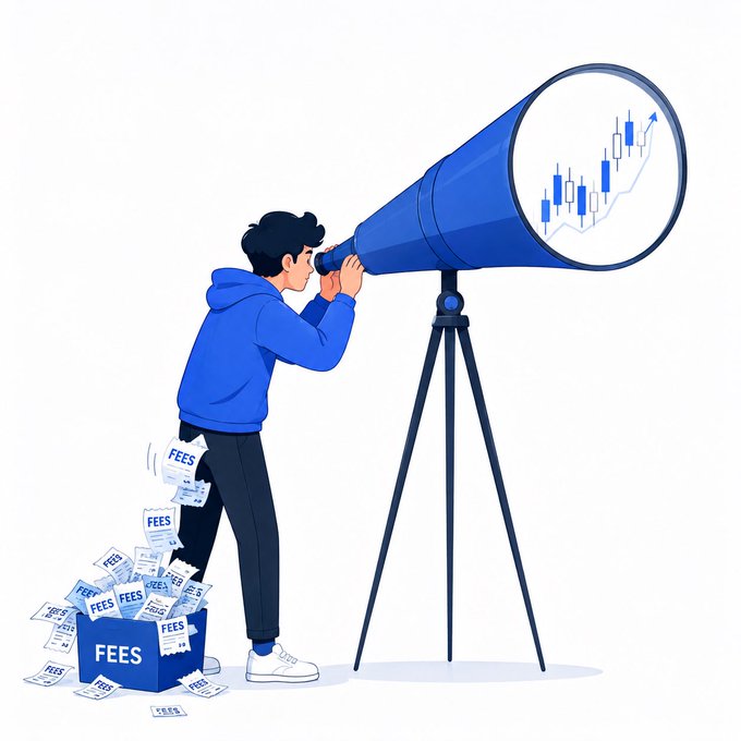 The illustration depicts a person peering through a large blue telescope aimed at an ascending candlestick chart, while standing beside a box overflowing with papers labeled "FEES"—visually emphasizing how trading fees accumulate in the background even as traders search for winning setups on the chart.