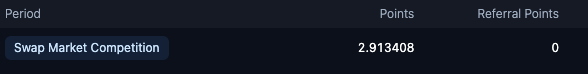 A dark interface snippet displays a 'Swap Market Competition' period with 2.913408 points and 0 referral points.