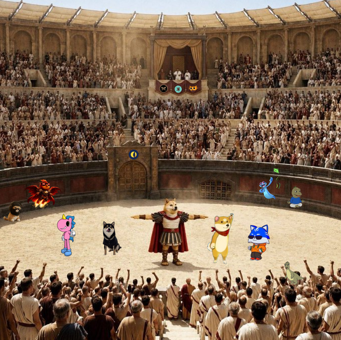 The image shows a large crowd of people gathered around an arena with a man dressed in Roman clothing standing at the center holding up his arms. The crowd consists of various individuals, some of whom are holding up their hands as well. A few people in the crowd have anime characters on them, adding to the unique atmosphere of the scene. The image also contains text that reads "Just another daily reminder that @HTX_Global knows #LunaClassic is about to stun the entire #Crypto world Have your loaded bag? NFA but I think it could be life changing as #LUNC & #USTC are recovering from a massive attack".