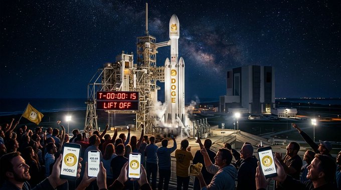A nighttime scene of a rocket launch with a countdown timer reading 'T-00:00:15 LIFT OFF' on a digital display, while a crowd below holds up phones showing a token logo labeled 'HOOLI'.