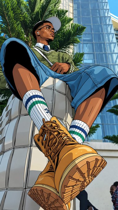 A digital illustration showing a low-angle view of a young man wearing a cap, green jacket, and large tan boots, sitting casually with one leg propped up.