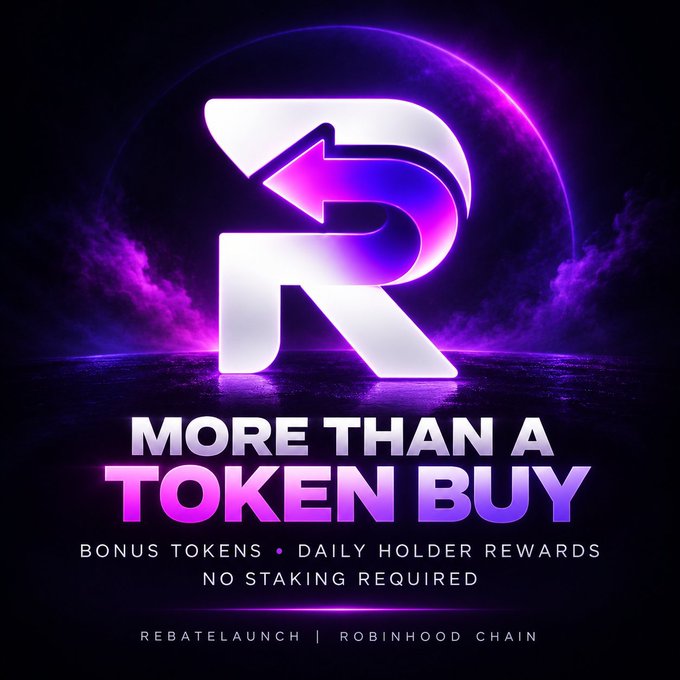 A promotional graphic with a large 'R' logo and text reading 'MORE THAN A TOKEN BUY' advertising bonus tokens and daily holder rewards from RebateLaunch on Robinhood Chain.