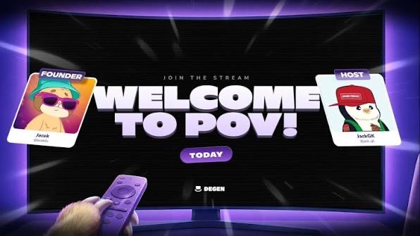 A digital screen displays 'WELCOME TO POV! JOIN THE STREAM TODAY' with character avatars labeled 'FOUNDER' and 'HOST' on a purple background, with a hand holding a remote control in the foreground.