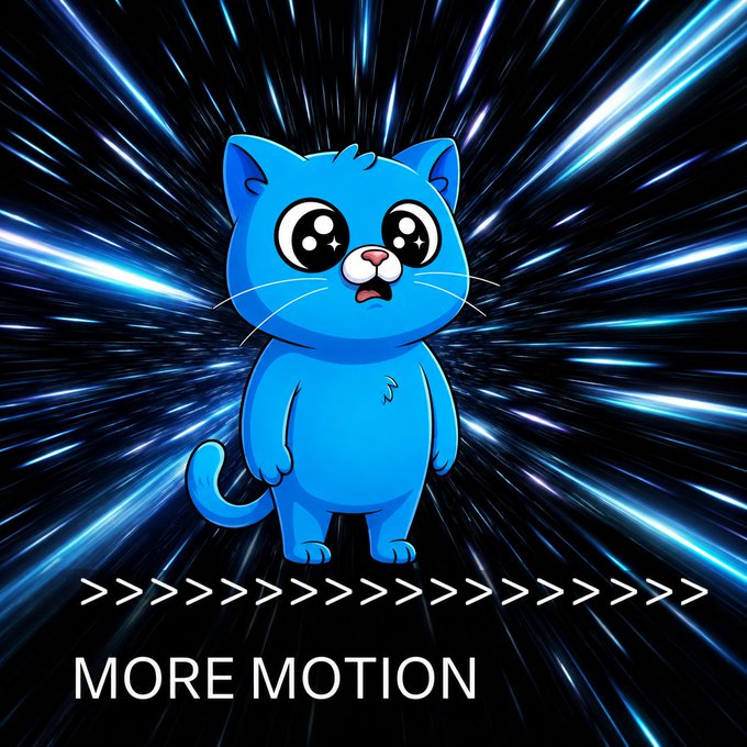 An illustration features a wide-eyed blue cartoon cat with sparkling eyes standing against a backdrop of streaking light trails, with the text '>>>>>' and 'MORE MOTION' below it.