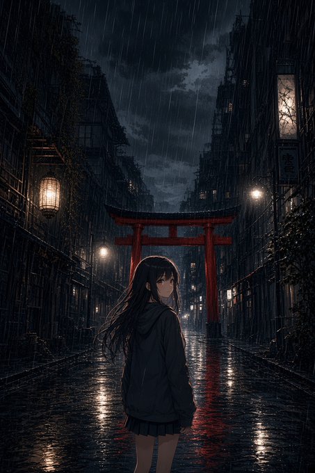 A lone girl stands beneath a glowing red torii gate in a rain-soaked alley, where a vertical lantern displays the characters "営業" (business/operation), evoking a quiet crossroads of tradition and modernity.

The image mirrors the post's theme of "rules as the gateway to value"—the torii gate serving as a symbolic threshold marking structured passage, much like Hazels' fixed-supply framework and creator-reward system acting as a deliberate entry point from digital ownership to real-world assets.