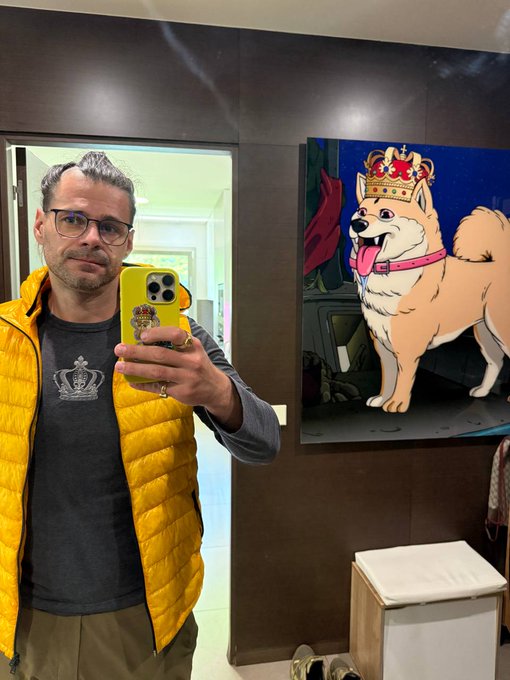 A mirror selfie of a man wearing glasses and a yellow puffer vest over a crown-printed shirt, taking a photo with his yellow phone case showing a crowned dog illustration.