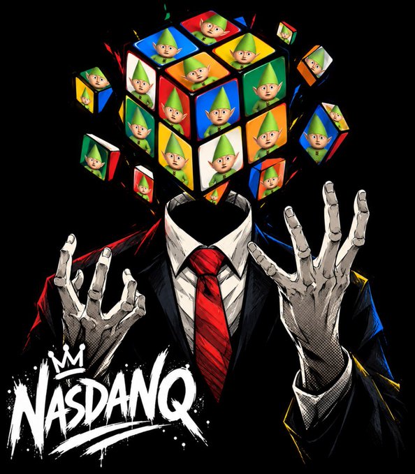 An illustration of a faceless figure in a black suit and red tie with raised hands, whose head is a shattered Rubik's cube displaying green elf-like faces on each colored square, with the text 'NASDANQ' in a graffiti-style font below.