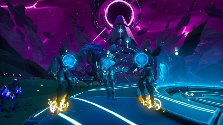 A screenshot from a sci-fi video game showing armored figures with glowing blue jetpacks and cyan shields floating above a neon-lit platform against a purple cosmic background.