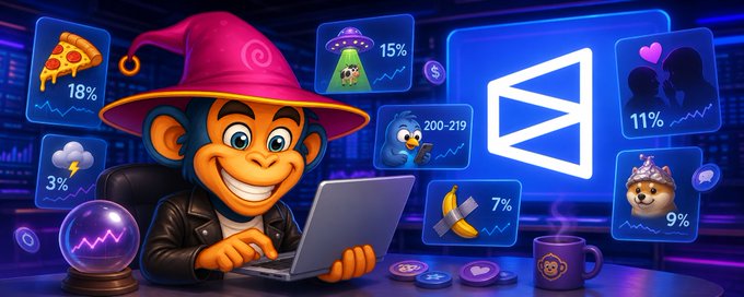 A cartoon monkey wearing a pink wizard hat types on a laptop surrounded by floating dashboard panels showing various percentages (18% pizza, 15% UFO, 11% hearts, etc.).
