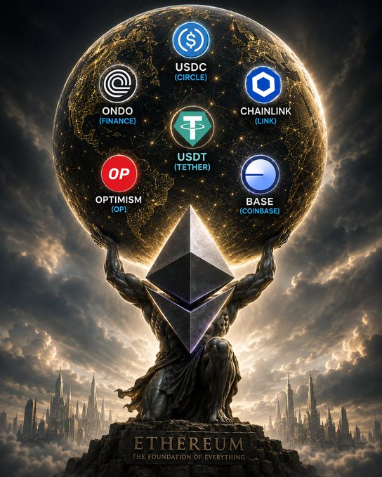 The image features a statue of a man holding a globe above his head, with the words "Ethereum" written below him. The text suggests that this statue represents Bitcoin, which is an example of cryptocurrency. The phrase "NAILED it. Look at what is BUILT on $ETH" implies that Bitcoin has been around for quite some time and has been widely accepted as a form of currency or payment method. It also hints at the potential decline in value over time due to various factors, such as changes in technology or market conditions. The phrase "Early" suggests that this image was taken before Bitcoin became well-known and widely used.