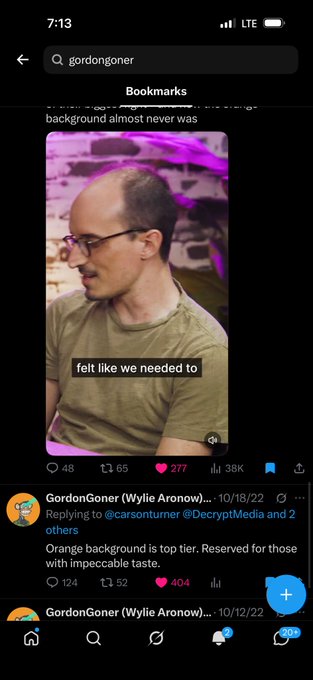 A Twitter screenshot showing a video of GordonGoner (Wylie Aronov) with captions reading 'felt like we needed to' and 'background almost never was'.