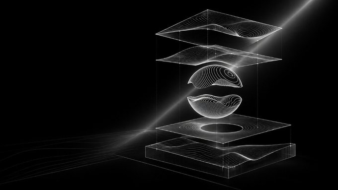 A black and white digital illustration depicts a 3D wireframe structure with undulating topographic patterns across multiple horizontal layers, bisected by a diagonal beam of light.