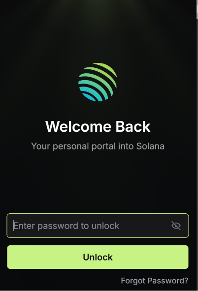 A 'Welcome Back' login screen for a personal Solana portal, featuring a green and blue sphere logo, a password entry field, and an 'Unlock' button.