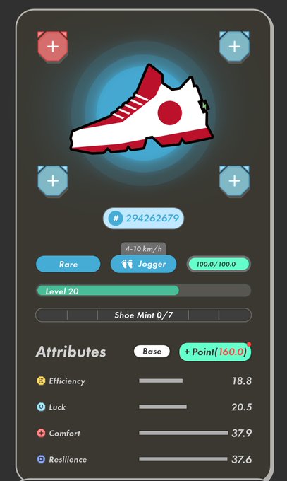 A digital sneaker collection app screen displaying a 'Jogger' profile with a Level 20 red and white shoe, along with attributes like Efficiency, Luck, Comfort, and Resilience.