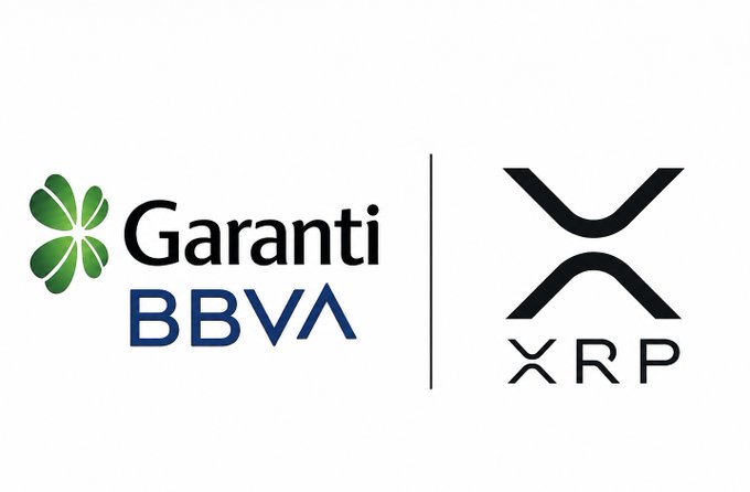 The image features two logos side by side - one for Ripple and another for Garanti BBVA. The Ripple logo displays a black "X" with an "R" underneath, while the Garanti BBVA logo shows a green "R" on top of a blue "B". Both logos are in white against a gray background. The text at the bottom of the image reads: "Ripple's partnership with Turkish banking giant Garanti BBVA has been EXTENDED, expanding regulated crypto infrastructure access to millions of retail banking users That means more institutional-grade custody, compliant digital asset services, and growing".