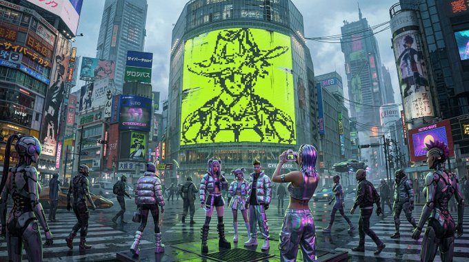 A cyberpunk cityscape featuring a massive green billboard displaying a stylized black-haired figure, with futuristic pedestrians crossing a neon-lit street in what appears to be Tokyo.