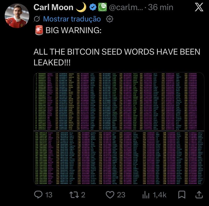 A Twitter/X post by Carl Moon (@carlm...) with a 'BIG WARNING' claiming 'ALL THE BITCOIN SEED WORDS HAVE BEEN LEAKED!!!' accompanied by an image of colored seed word lists.