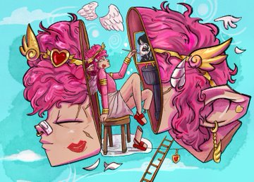 Colorful cartoon illustration of a pink-haired figure sitting on a chair inside a giant open head, painting their own portrait on a mirror held by a small dark-haired character on a ladder.