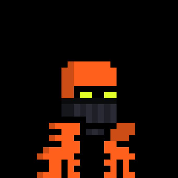 A pixel art red robotic figure with glowing yellow eyes stands against a black background, visually representing one of the "Banger Bots" PFPs mentioned in the post about bullish NFT trading signals.