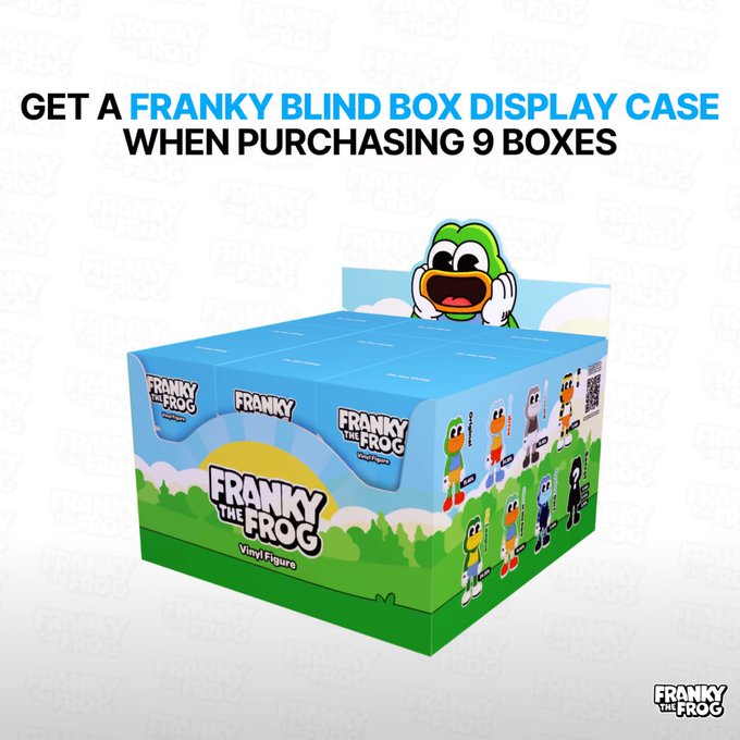 A promotional advertisement reads 'GET A FRANKY BLIND BOX DISPLAY CASE WHEN PURCHASING 9 BOXES' above a display box of 'FRANKY THE FROG' vinyl figures.