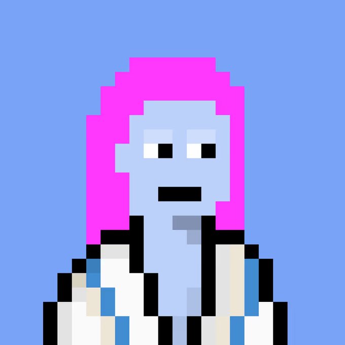 A pixel art style avatar with pink hair, blue skin, and a white jacket against a solid blue background.