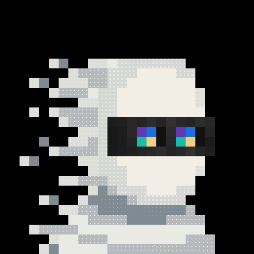 Pixel art of a character dissolving into white and grey fragments, wearing pixelated colorful sunglasses against a black background.