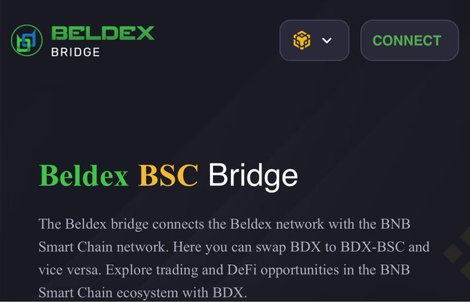 The image shows the "Beldex BSC Bridge" interface with a Beldex logo and Connect button, explaining that the bridge enables users to swap BDX tokens to BDX-BSC between the Beldex and BNB Smart Chain networks for DeFi opportunities. This visually supports the post's point about the Beldex Bridge being live and providing practical interoperability utility for the $BDX token beyond its native network.