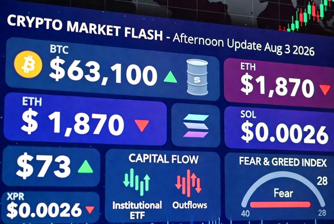 A 'CRYPTO MARKET FLASH - Afternoon Update Aug 3 2026' dashboard showing BTC at $63,100, ETH at $1,870, and a Fear & Greed Index of 28 indicating 'Fear'.