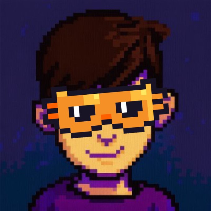 A pixel art style portrait of a person with brown hair, an orange band across the eyes, and a purple shirt against a dark blue background.