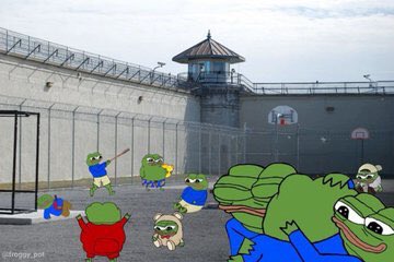 A photoshopped image showing Pepe the Frog characters in a prison yard setting, with frogs in various outfits including prison stripes.