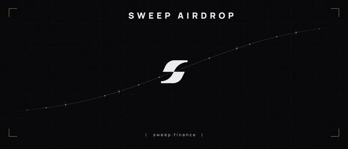 A dark promotional banner displays "SWEEP AIRDROP" at the top, a stylized "S" logo in the center with an upward-trending dotted line graph behind it, and the URL "sweep.finance" at the bottom. The graphic visually reinforces the Sweep token giveaway announced in the post, highlighting the project's finance platform and airdrop event.