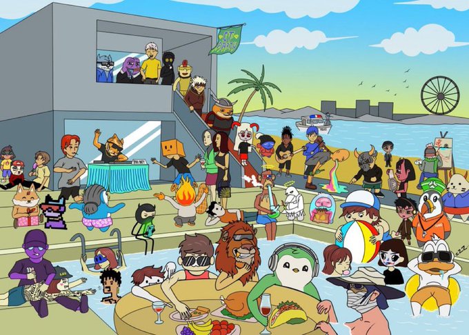 Vibrant cartoon illustration depicting a crowded pool party scene filled with various stylized characters, avatars, and figures enjoying a beachside gathering.