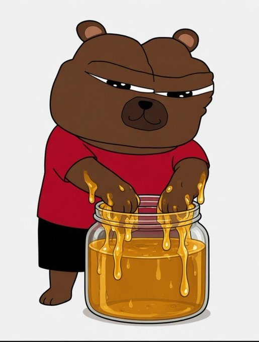 A cartoon illustration of a brown bear wearing a red shirt and black shorts, dipping its hands into a glass jar of golden honey with a determined expression.